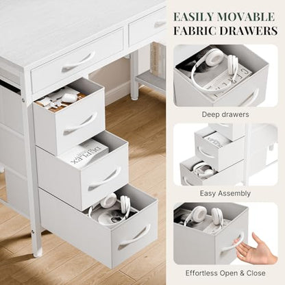 55" Computer Desk with 6 Drawers, Home Office Gaming Desks with Storage Shelves for Bedroom, Writing Study Corner Living Room Work Table White