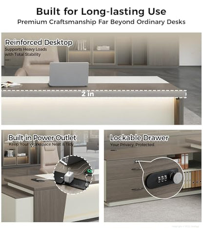 79" L-Shaped Executive Desk with Drawers, Large Modern Office Desk with Storage Shelves, LED Lighting, Built-in Outlet & USB Ports – Home Office Desk (Smoked Oak & Cream White, Left Return)