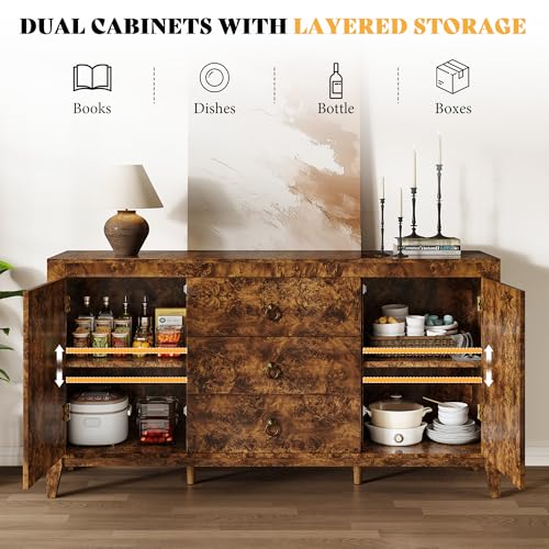 60" High Gloss Burl Buffet Sideboard Storage Cabinet with Drawers, view 5