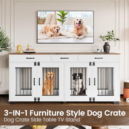 71" Double Dog Crate Furniture, Extra Large Wooden Dog Kennel Furniture for 2 Dogs, Farmhouse Dog Crate TV Stand with 3 Storage Drawers, Large Dogs Indoor, White