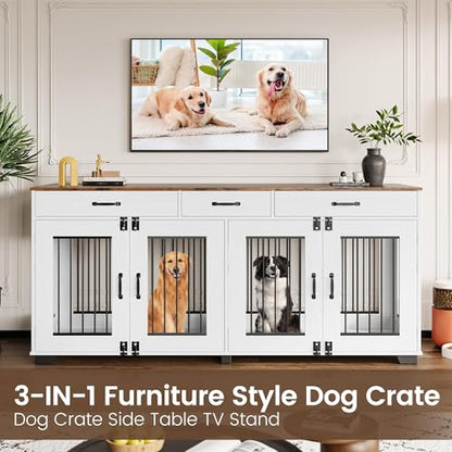 71" Double Dog Crate Furniture, Extra Large Wooden Dog Kennel Furniture for 2 Dogs, Farmhouse Dog Crate TV Stand with 3 Storage Drawers, Large Dogs Indoor, White