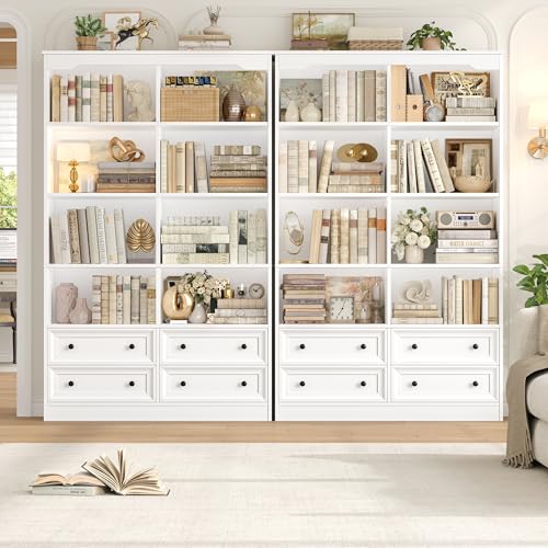 71" Tall Bookshelf with 4 Drawers, 6-Tier Double Wide Bookshelves and Bookcases with Storage, White Bookshelf Large Open Bookshelves Standing Book Cabinet for Home Office, White