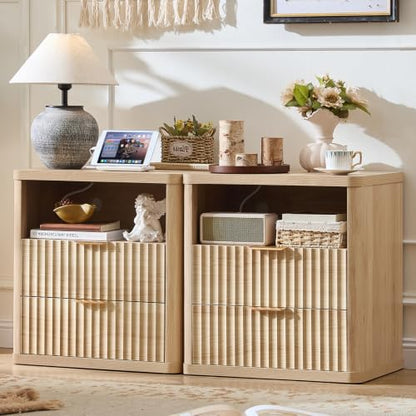 Fluted Farmhouse Nightstand Set of 2 with Charging Station, view 2