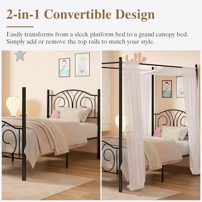 Twin Canopy Bed Frame, Vintage Scrollwork Headboard, Matte Black, view 4