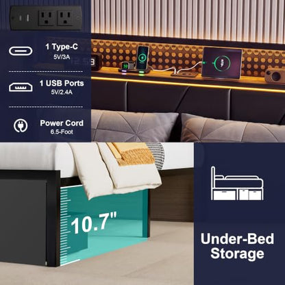 Queen Bed Frame with 2 Drawers, Platform Bed with LED Lights & Charging Station, view 7