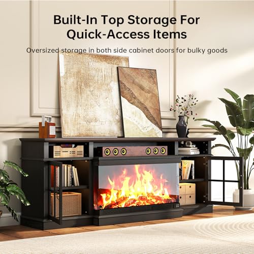70" Fireplace TV Stand,3-Sided Glass Electric Fireplace, Black, view 6
