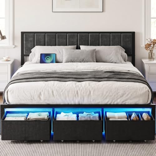 King Bed Frame with 3 Drawers, Charging Station & RGB LED Lights, view 3