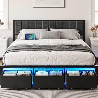 King Bed Frame with 3 Drawers, Charging Station & RGB LED Lights, view 3