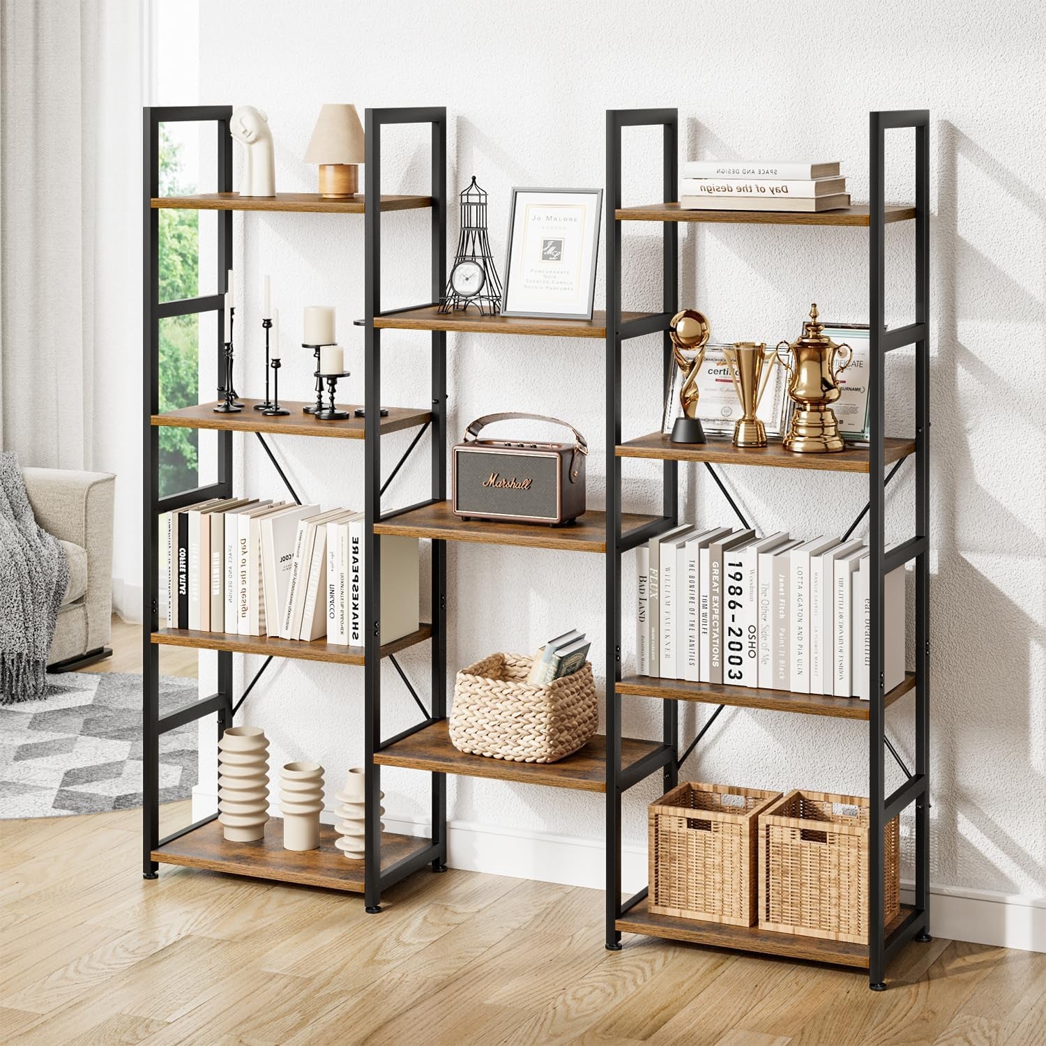 Triple Column 4 Tier Bookshelf, Bookcase with 11 Open Display Shelves, Adjustable Rustic Industrial Style Book Shelves, Modern Bookshelves for Bedroom, Living Room and Home Office, Vintage