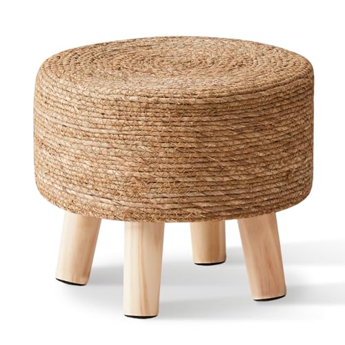 Foot Stool Natural Seagrass Hand Weave Poufs Round Ottoman for Couch Desk Soft Step Stool Padded Foot Rest with Non-Skid Pine Legs for Hallway Office Lounge Natural