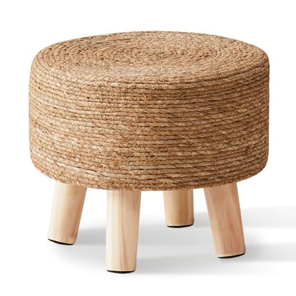 Foot Stool Natural Seagrass Hand Weave Poufs Round Ottoman for Couch Desk Soft Step Stool Padded Foot Rest with Non-Skid Pine Legs for Hallway Office Lounge Natural