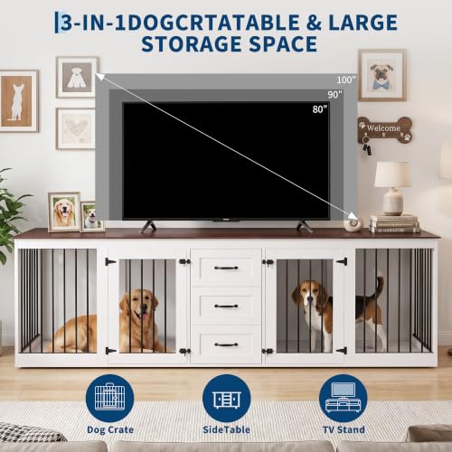 92.8" Double Dog Crate Furniture with 3 Drawers, Dog Kennel Indoor, view 6