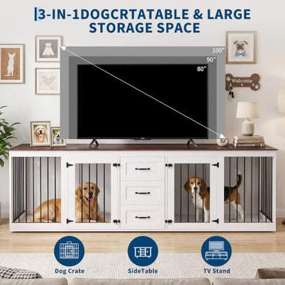 92.8" Double Dog Crate Furniture with 3 Drawers, Dog Kennel Indoor, view 6