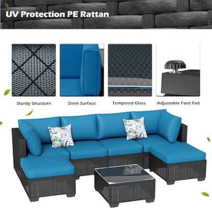 7 Piece Outdoor Patio Furniture Set, PE Rattan Outdoor Wicker Sectional Furniture Chair Set with Cushions and Tea Table, Black Rattan and Peacock Blue Cushion