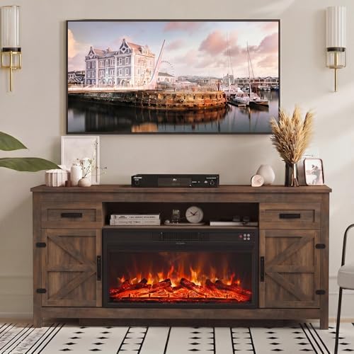 Fireplace TV Stand, 70" Farmhouse TV Stand with Barn Door for 80" TVs, view 2