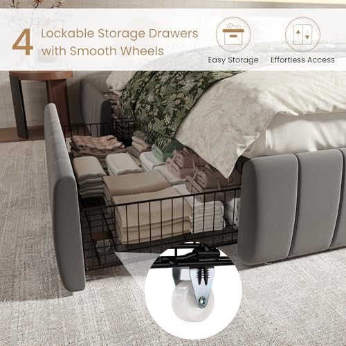 Full Size Velvet Upholstered Platform Bed Frame with 4 Storage Drawers, Vertical Channel Tufted, Low Profile, Fits Standard Headboards, Wooden Slats Support, Easy Assembly, Grey
