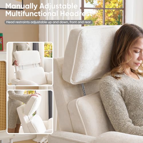Oversized Power Rocker Recliner Chair, 24" Extra Wide Swivel Recliner with Adjustable Headrest, Chenille Glider Rocking Nursery Chair with Overstuffed Armrest, USB Ports, Cream