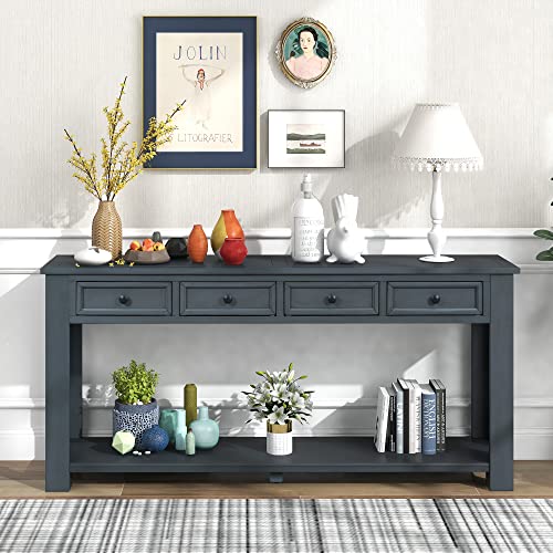 Knocbel Console Table with 4 Storage Drawers Bottom Shelf, Rustic Distressed Sofa Table for Entryway Hallway, Assembly Required, 63" W x 14" D x 30" H, Navy