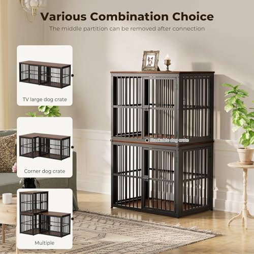 66'' Dog Crate Furniture for 2 Small to Medium Dogs, Walnut, view 3