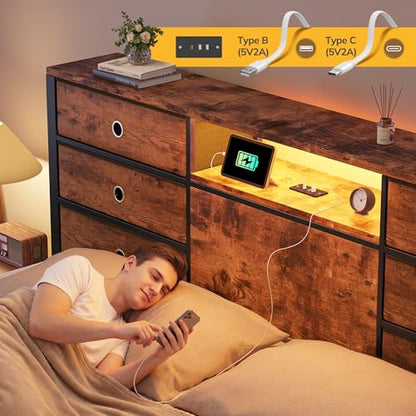 King Size Bed Frame with 9 Drawers and Charging Station, Brown, view 7
