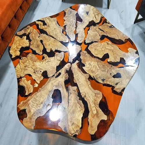 RESINHOMEFURNITURE Orange Epoxy Resin Coffee Table Unique Wood Flower Design Side Table, Living Room Table, Bedroom Table, Handmade Natural Wood Decor (Without Stand, 30 x 30 Inches)