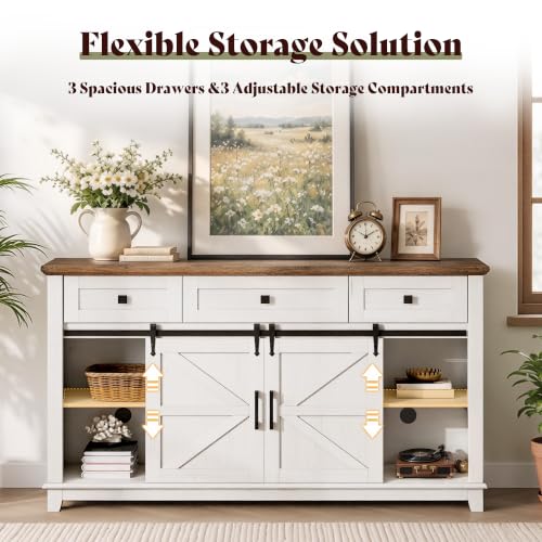 59" Farmhouse TV Stand with Storage Drawers, White & Barnwood, view 4