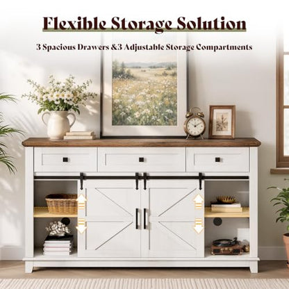 59" Farmhouse TV Stand with Storage Drawers, White & Barnwood, view 4