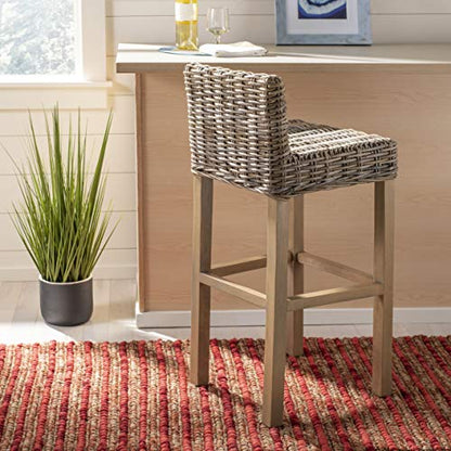 SAFAVIEH Furniture - Cypress Bar Stool - 29.72" Seat Height - Natural Unfinished & Taupe - Mango Wood - Coastal Saddle Design - Ideal for Kitchen, Bar Area, Dining Room - Fully Assembled (FOX6502B)
