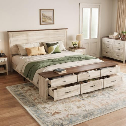Farmhouse King Bed with Headboard and Storage Bench, Antique White, view 5