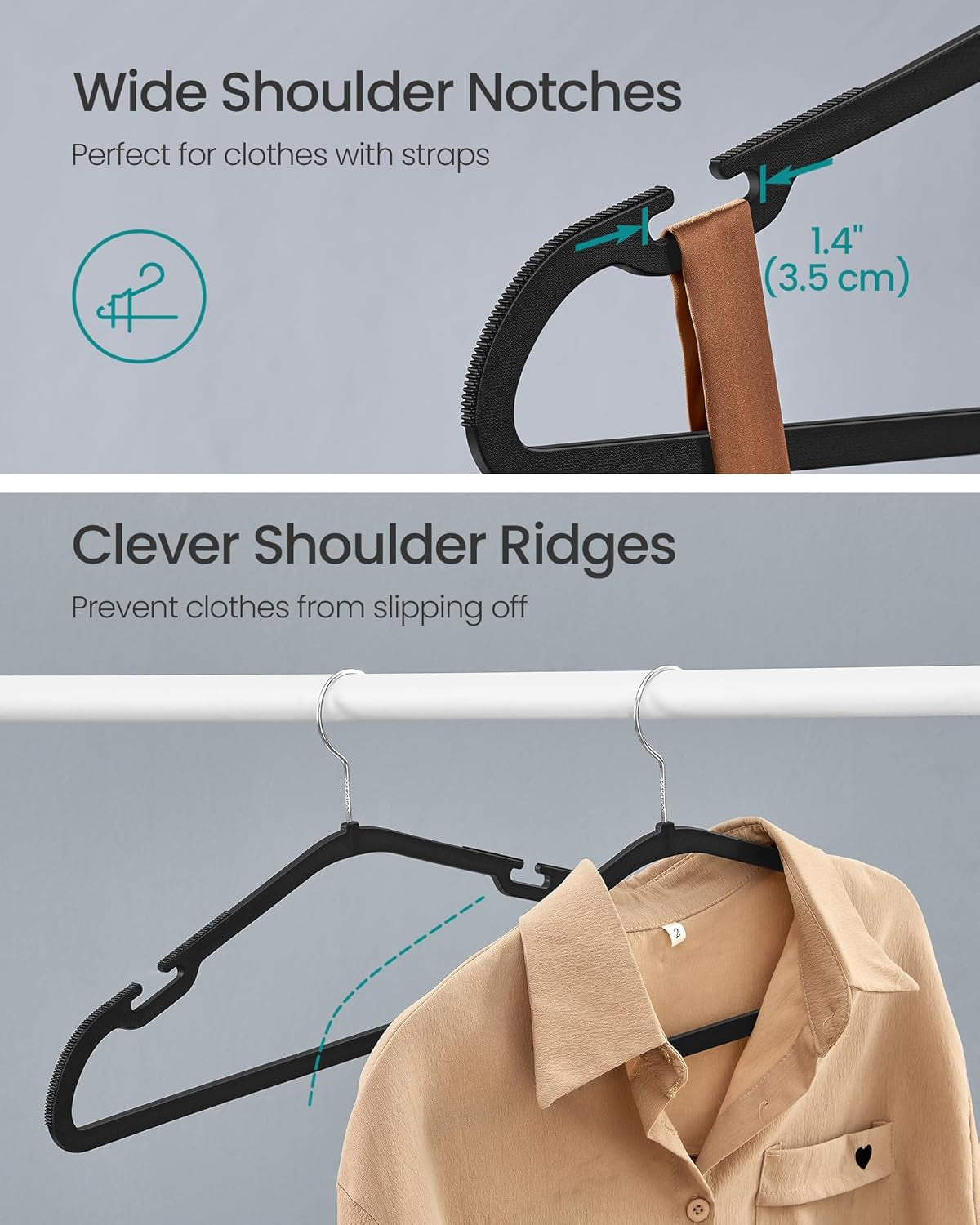 Clothes Hangers 50 Pack, Heavy-Duty Plastic Hangers, Coat Hangers with Wide Shoulder Notches, Pant Bar, 360° Swivel Hook, Space-Saving, 16.4 Inches, for Closet, Ink Black UCRP060B01