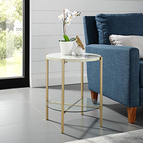 Blaine Mid Century Modern Marble and Glass Round Accent Table, 20 Inch, Marble and Gold