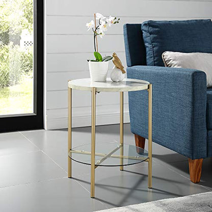 Blaine Mid Century Modern Marble and Glass Round Accent Table, 20 Inch, Marble and Gold