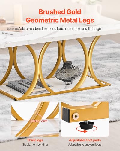 Coffee Table, Modern Faux Marble Coffee Table, Large 2-Tier Rectangle Center Desk with Geometric Legs, Minimalist Sturdy Metal Frame Accent End Desk for Living Room, Office, Easy Assembly, White