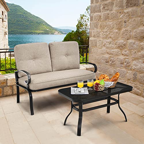 Patio Loveseat with Table Set, 2 Seat Cushioned Sofa with Coffee Table, Patio Conversation Sofa Set with Rustproof Frame, 2 Pieces Outdoor Furniture Set for Garden, Poolside, Balcony (Beige)