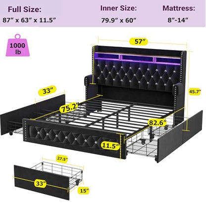 Full Size Bed Frame with 4 Storage Drawers, view 3