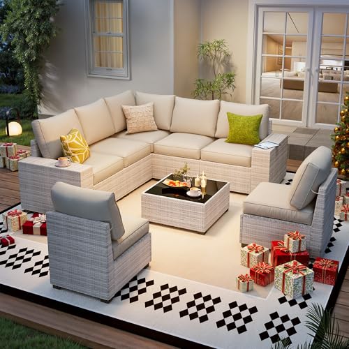 8 Piece Outdoor Patio Furniture Set, Outdoor Sectional Furniture, Rattan & Wicker Modern Modular Conversation Set Sofa Couch W/Water Resistant Washable Thick Cushions and Coffee Table, Beige