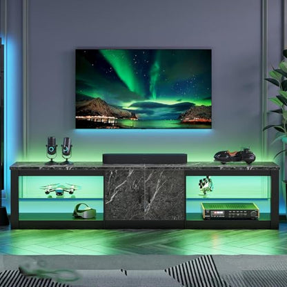 80 Inch TV Stand for 75/85/86 inch TVs, LED Gaming Entertainment Center for PS5 with Storage Cabinet &Adjustable Glass Shelves, Large TV Console Table for Living Room Bedroom, Black Marble