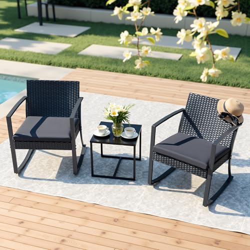 Resin Patio Furniture Set 3 Piece All Weather Outdoor Rocking Chairs with Cushions and Coffee Table for Bistro Balcony Porch (Black)