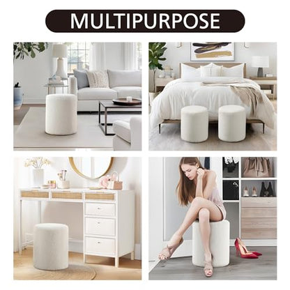 Modern Round Ottoman with Soft Padded Seat – Multifunctional Vanity Chair, Upholstered Footrest Stool for Living Room and Bedroom, Furniture & Décor Store (White)