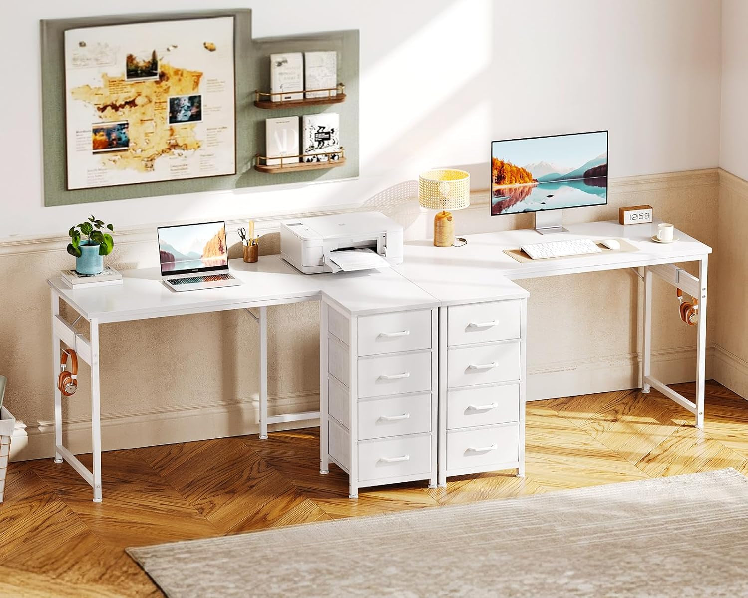 L Shaped Desk with 4 Drawers, 40" Small White Computer Desk with Storage, Reversible Kids Study Desk with Hook, Corner Desk for Home Office