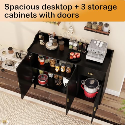 Sideboard Buffet Cabinet with Drawers: 47" Black Fluted Sideboard Cabinet with Storage, Modern Kitchen Cabinets Storage, Credenzas for Living Room (47")