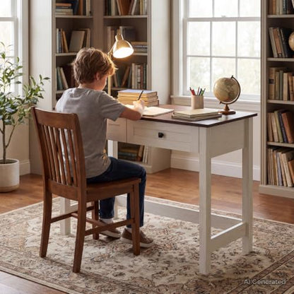 Farmhouse Writing Desk with Drawer, 40 Inch Wooden Small White Desk, view 7