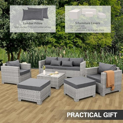 Patio Furniture Set 6 Piece PE Rattan Outdoor Conversation Sets Grey Wicker Couch Sectional Sofa with Storage Coffee Table and Grey Cushion