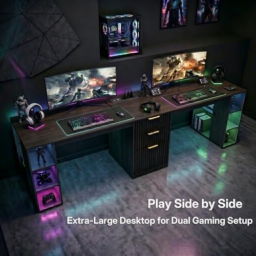 96.5" 2 Person Desk with Power Outlet & USB Ports, Double Computer Desk with Drawers & Storage Shelves, Modern Fluted Gaming Desk for Home Office, Black
