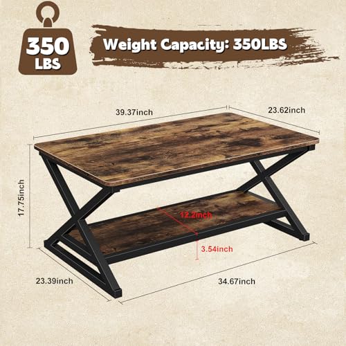 Rustic Brown Rectangle Coffee Table for Living Room, 39.4" Farmhouse Minimalist Industrial Wooden Metal 2 Tier Center Tables with Storage Shelf, 350lbs Load Capacity, Easy Assembly