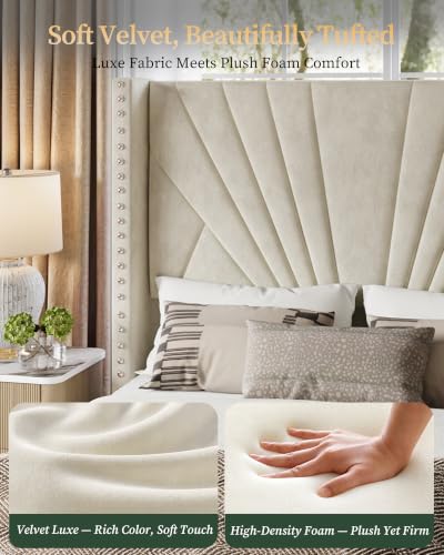 Queen Bed Frame 55" Velvet Upholstered Platform Bed, Art Deco, Cream White, view 5