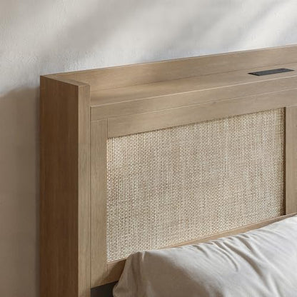 Rattan Bed Frame Queen Size with Woven Headboard, Natural Oak, view 5