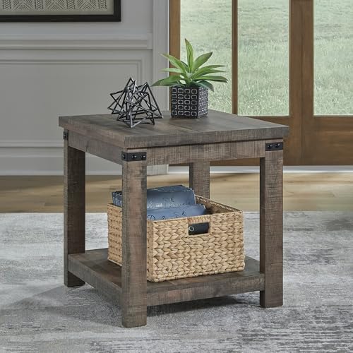 Signature Design by Ashley Hollum End Table, 24 Inch Square Side Table, Farmhouse Wood Look, Storage Shelf for Living Room, Rustic Brown