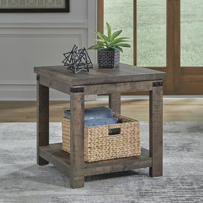 Signature Design by Ashley Hollum End Table, 24 Inch Square Side Table, Farmhouse Wood Look, Storage Shelf for Living Room, Rustic Brown
