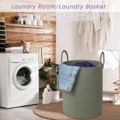 Large Laundry Basket,Laundry Hamper,15''x18'' Cotton Rope Storage Basket with Handles,baby hamper,Nursery Blanket Storage Living Room,toy basket,kids laundry(Green)